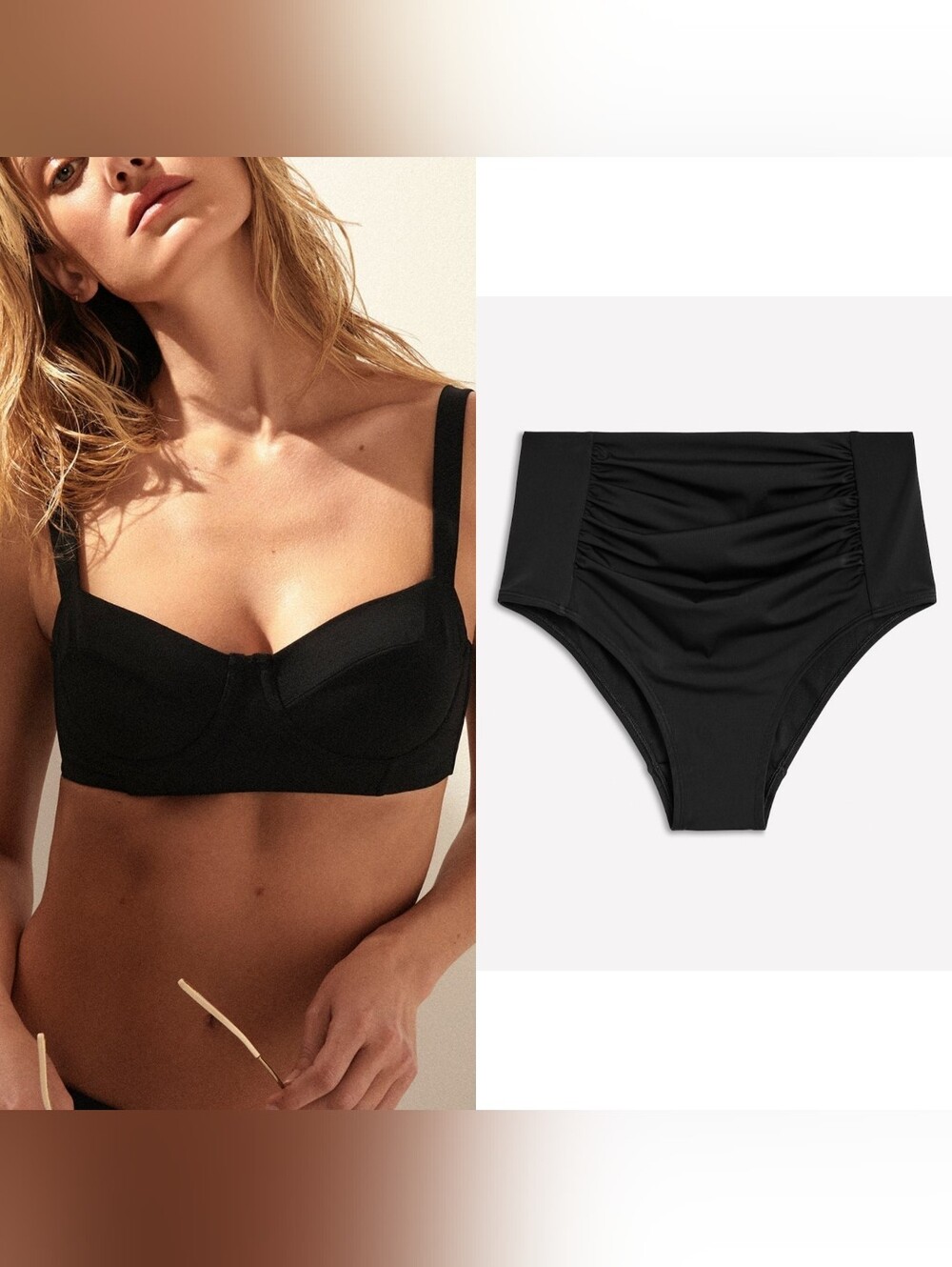 Venus 2 Piece Bikini High Waisted Ruched Bottom Balconette Top Black Sz 12 34DDD